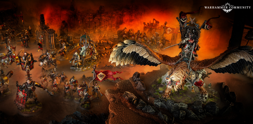 Imperial knights clash on a fiery battlefield; a griffin-mounted rider soars overhead in the foreground.