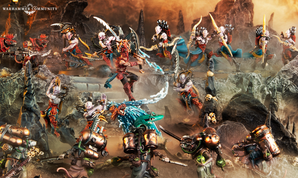 Diorama of a chaotic fantasy battle with demon-like warriors clashing with armored fighters on a rocky volcanic battlefield; Warhammer Community logo in the top-left.