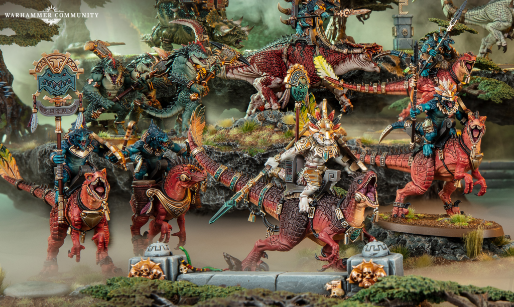 Warhammer fantasy battle diorama with armored dragon riders charging across rocky mossy terrain, wielding spears and shields, surrounded by skulls and ruins.