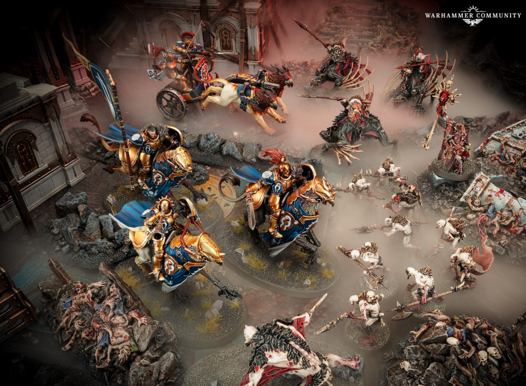 Warhammer miniatures clash in a ruined battlefield with armored riders, demons, and roving skirmishers amid smoke and rubble.