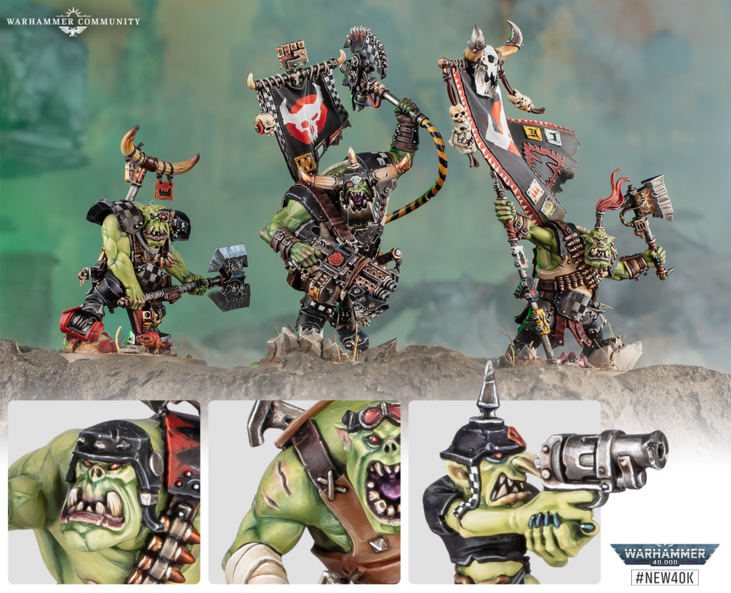 Three orc miniatures in battle stances with banners and weapons on a rocky battlefield; Warhammer Community logo in the top left.