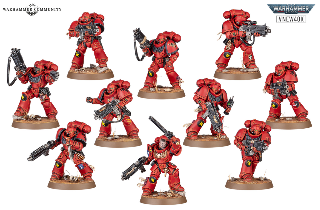 Group collage of red Space Marines miniatures on rocky bases set against a white background, with Warhammer Community branding visible at the top left.