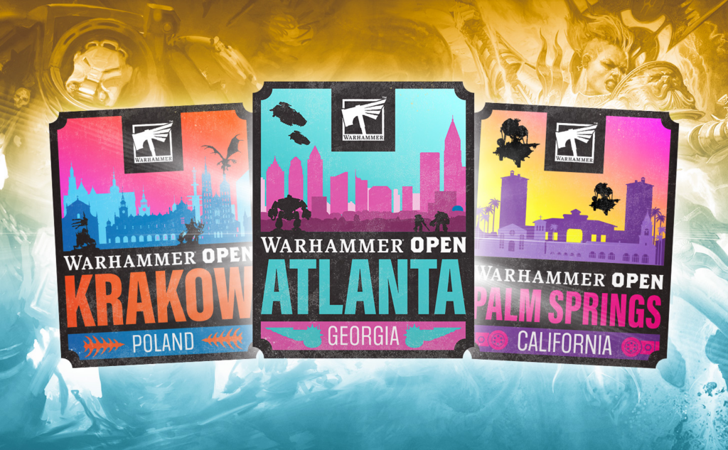 Three Warhammer Open posters for Krakow, Atlanta, and Palm Springs, each with colorful city skylines and the Warhammer logo.