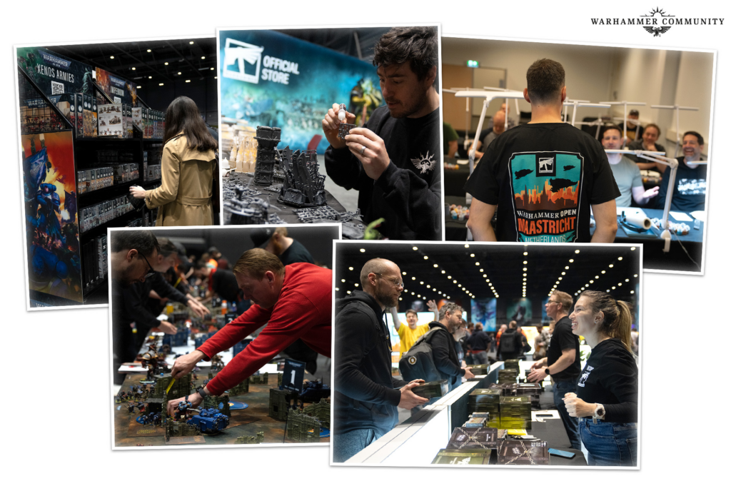 Collage of Warhammer enthusiasts at a convention: building minis, browsing displays, and chatting at tables