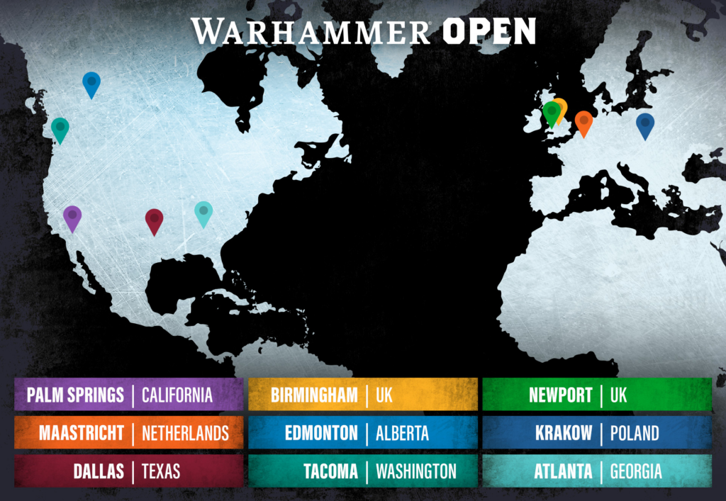 World map with colorful pins marking multiple tournament locations (Palm Springs, Birmingham, Newport, Maastricht, Edmonton, Krakow, Dallas, Tacoma, Atlanta, more).