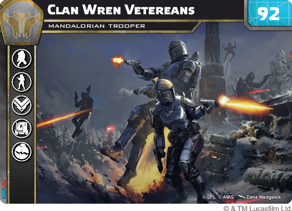 Mandalorian veterans in metallic armor firing blaster rifles on a snowy battlefield with explosions in the background.