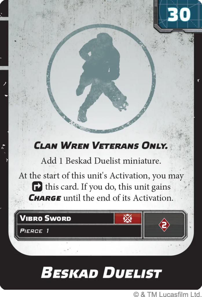 Clan Wren Veterans Only card with a circular silhouette, unit details, and Vibro Sword/Pierce 1 abilities.