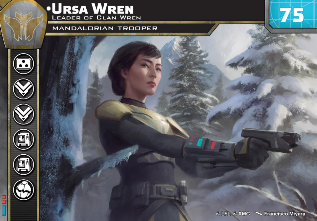 Ursa Wren, Mandalorian Trooper, aiming a blaster in a snowy mountain pass, ready for action.