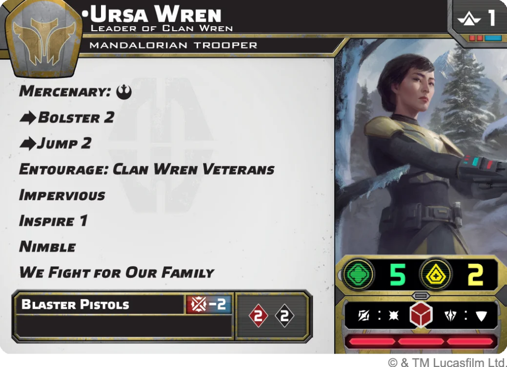 Character profile for Ursa Wren, Mandalorian Trooper, showing a list of abilities (Mercenary, Bolster 2, Jump 2, Entourage: Clan Wren Veterans, Impervious, Inspire 1, Nimble, We Fight for Our Family) and a right-side image of a female armored warrior with combat stats and bar indicators.