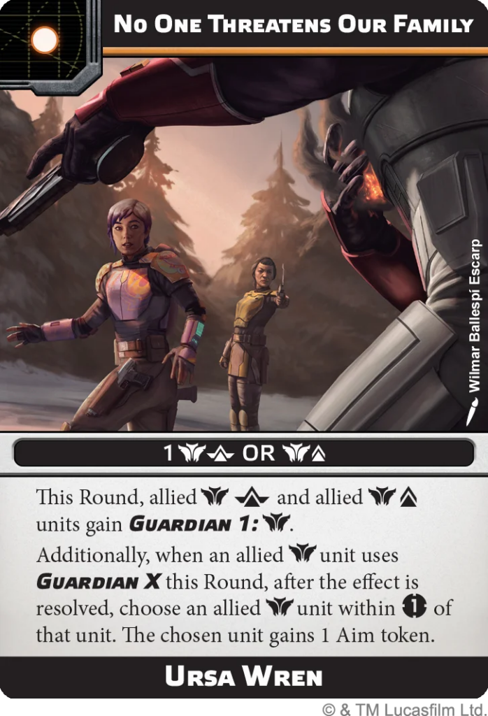 Card from a sci‑fi game: title 'No One Threatens Our Family' with armored characters in a forest setting and a large foe looming off‑screen, Ursa Wren at bottom text area.