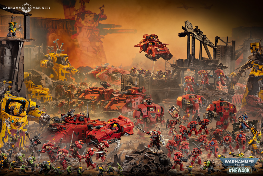 Warhammer 40K battle scene with red and yellow armor, tanks, and ruined city under smoky orange sky; Warhammer Community logo top-left.