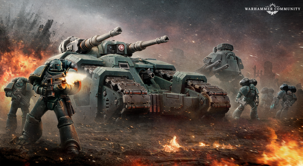 Warhammer soldiers advance beside a heavy cannon-tank amid fiery battlefield,