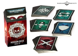 Warhammer 40,000 Mission Deck box with 'Chapter Approved' and 'Mission Deck 2026-27' text, plus scattered faction cards showing symbols.