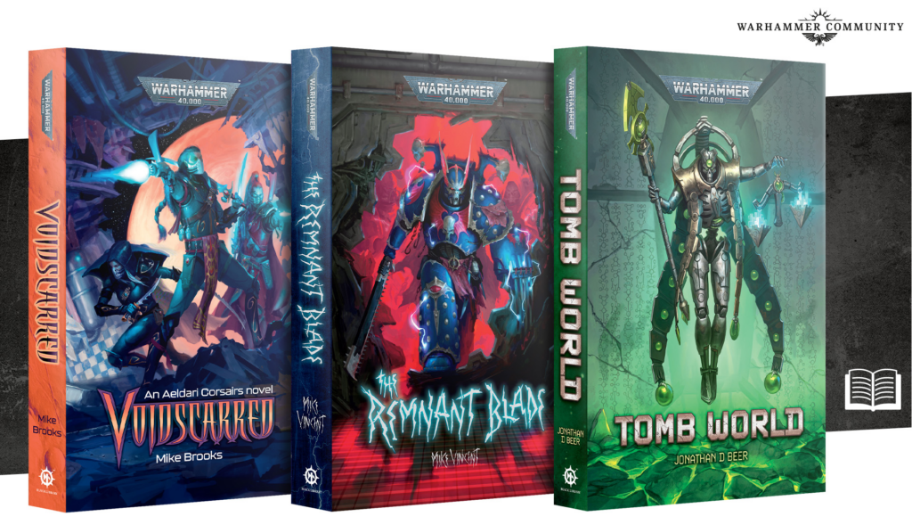 Three Warhammer 40,000 book covers shown side by side: Voidscarred (orange spine) with sci-fi warriors, The Remnant Blade (blue/red) with a demonic armored figure, and Tomb World (green) with a tall armored relic.