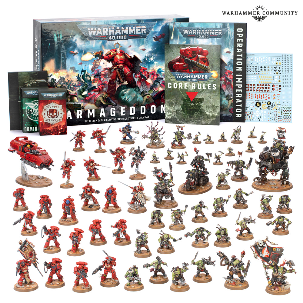 image Frontline Gaming Warhammer 40,000 Armageddon boxed game set with Core Rules booklet and dozens of painted miniatures on a white background.