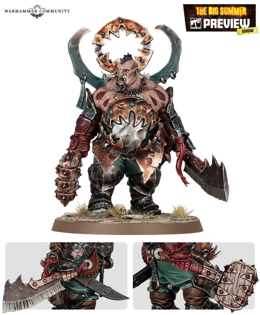 Warhammer mini: a hulking armored warrior with jagged plates, large serrated axe, standing on a rocky base.