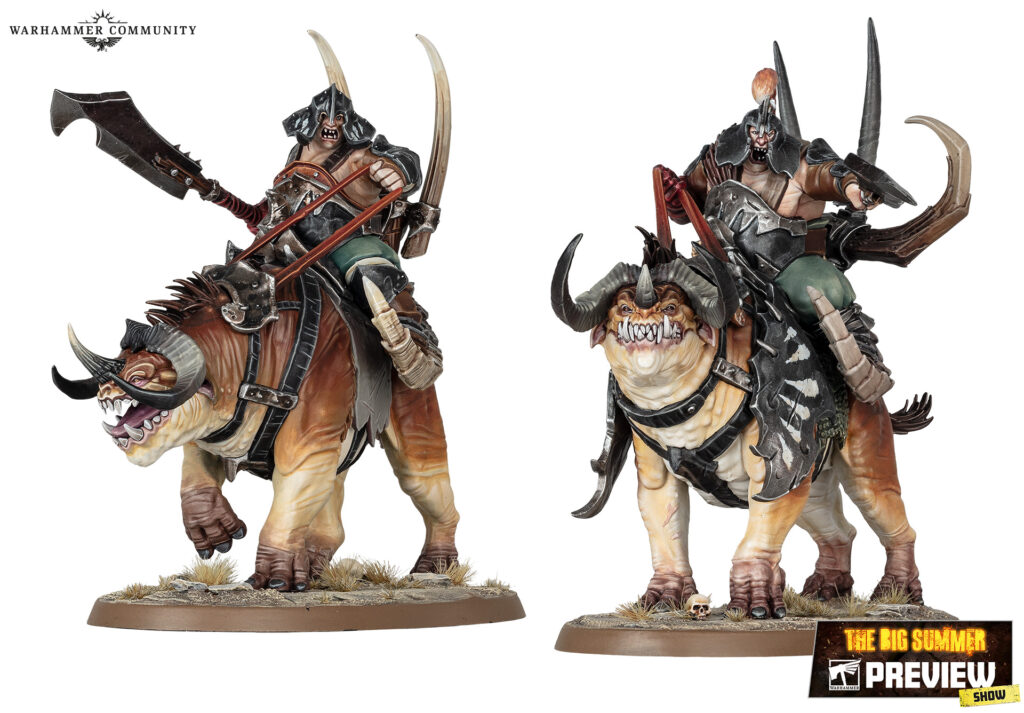 Two heavily armored warrior riders on large beast mounts, brandishing weapons, with a Warhammer Community logo in the top left.