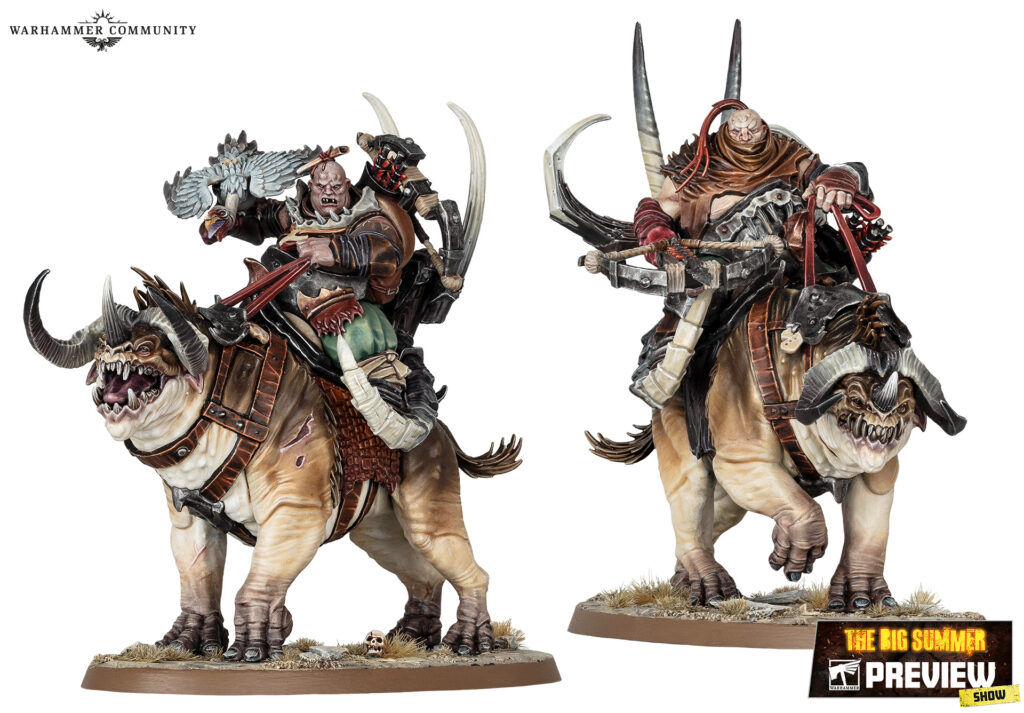 Two heavily armored fantasy riders mounted on ferocious beasts, each armed with large blades and spiked armor.