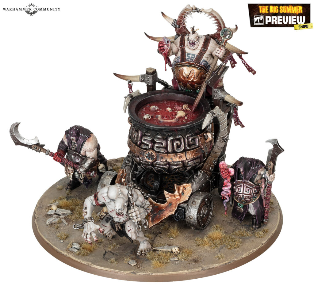 Warhammer diorama featuring a muscular ogre-like figure standing in a cauldron filled with red liquid, surrounded by hunched warriors and skeletal remains on a textured base.