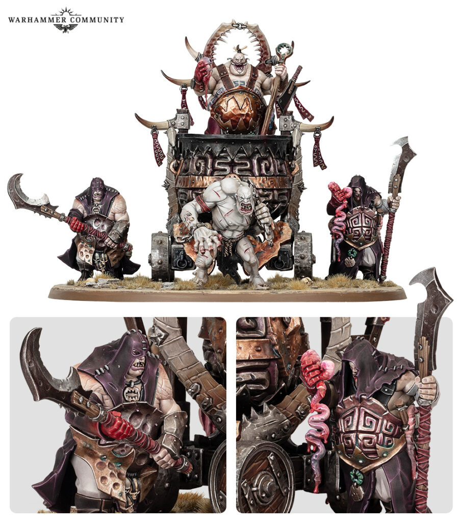 Warhammer miniatures: a large siege wagon with snarling orcs and goblins, armed with axes and a spiked banner atop the wagon.