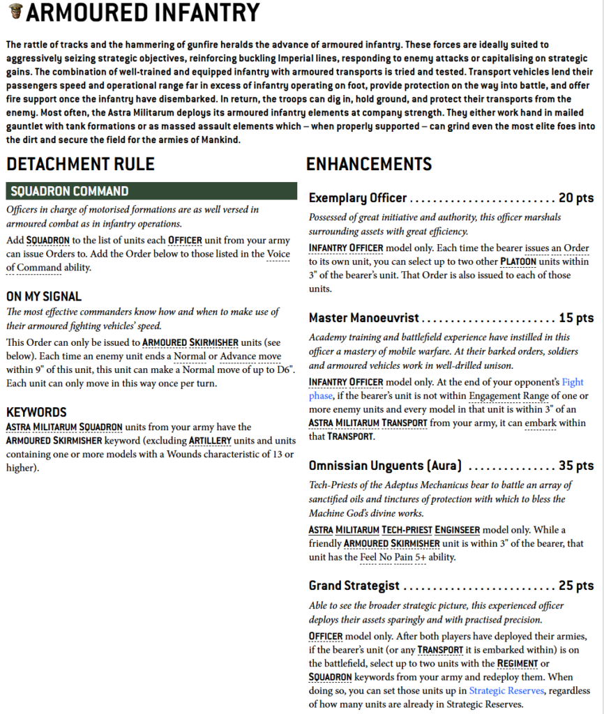 new40kastramilitarumarmouredinfantry Frontline Gaming Armoured Infantry rules page showing Detachment Rule and Enhancements, with sections like Squadron Command, On My Signal, Keywords, and officer roles.