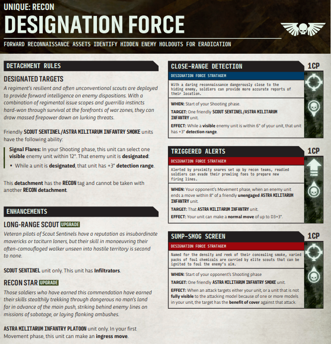 new40kastramilitarumdesignationforce Frontline Gaming Infographic titled Designation Force summarizing detachment rules, enhancements, detections, and alerts for reconnaissance infantry units.