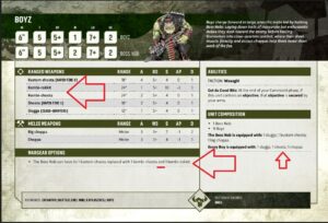 Infantry unit sheet for Boyz with a roster table of ranged and melee weapons, including Kustom Shoota, Kombi-rokkit, and Shoota, plus stats like range, A, BS, S, AP, D and notes on wargear options and unit composition.