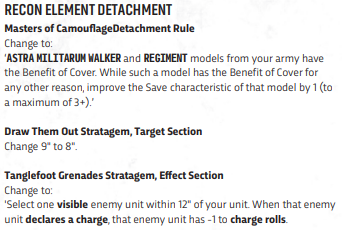 new40kreconelement Frontline Gaming Document page titled 'Recon Element Detachment' listing rule changes: Astra Militarum Walker and Regiment models gain the Benefit of Cover; Draw Them Out Stratagem, Target Section; Tanglefoot Grenades Stratagem—enemy unit within 12" of your unit; when that unit declares a charge, it has to roll something (description appears cut off)