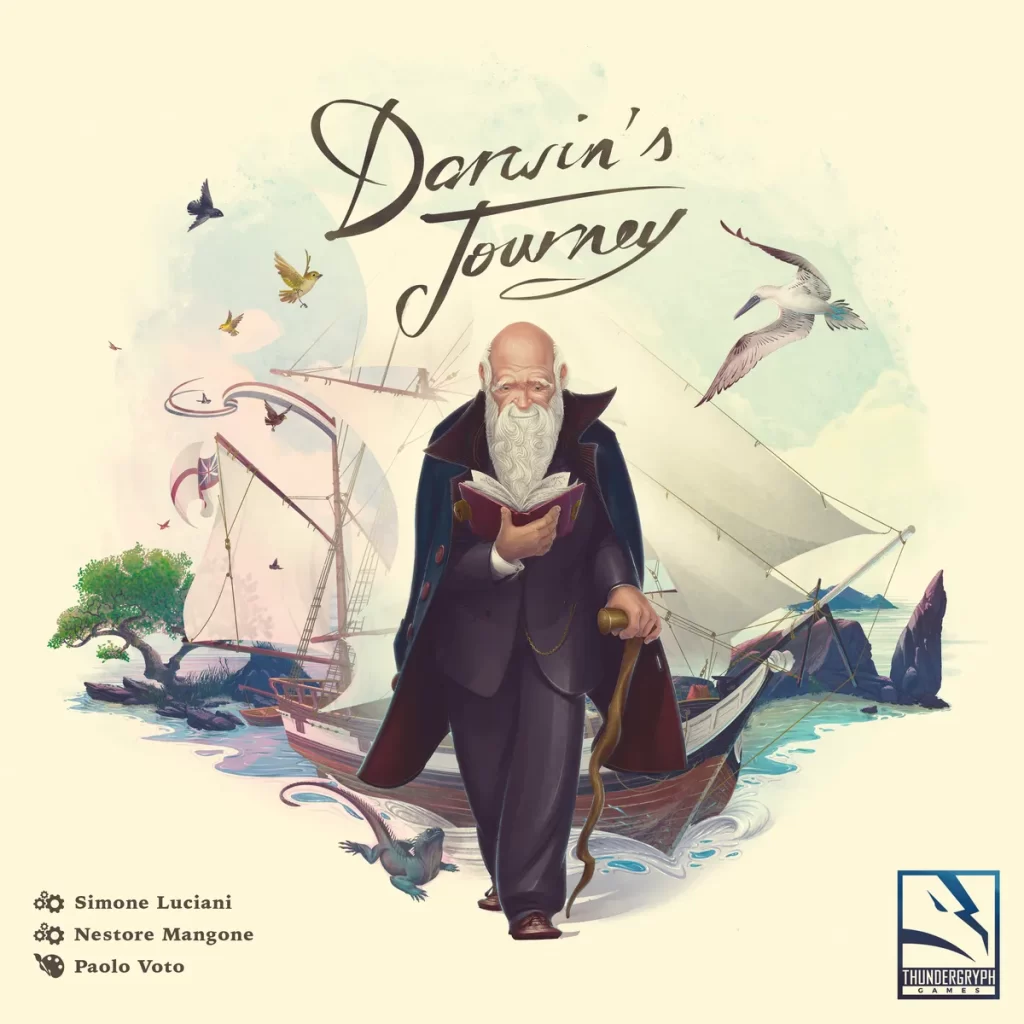 pic5726930 Frontline Gaming Cover image for Darwin's Journey: an elderly bearded man in a dark coat walks with a cane while reading a book, with a sailing ship and birds in the background.