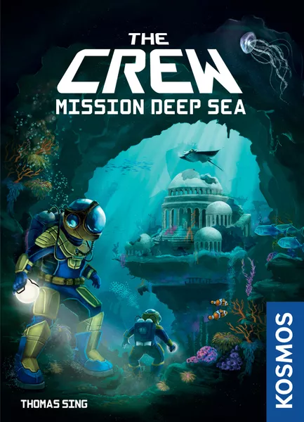 pic5988903 Frontline Gaming Book cover for The Crew: Mission Deep Sea. Two divers explore an illuminated underwater ruin temple in a blue cavern; Kosmos logo on the right.