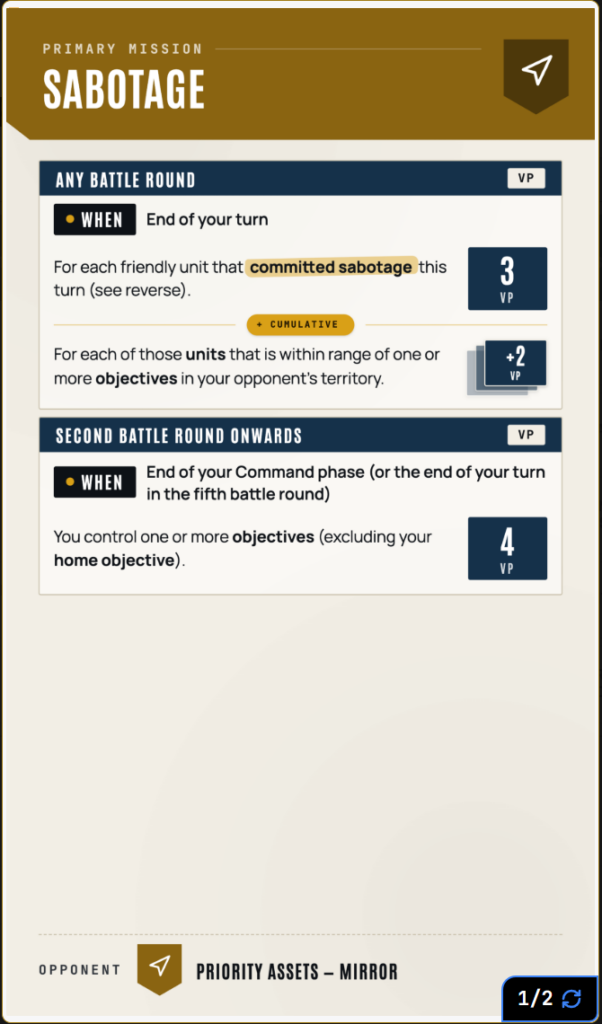 Screen shows a 'Sabotage' primary mission with two battle rounds, including action boxes and VP counters (3 VP and 4 VP) and objective text for each round.