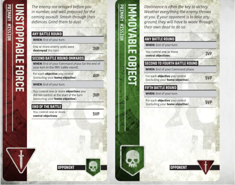 purgevshold Frontline Gaming Two vertically split game cards: red 'Unstoppable Force' on left and green 'Impossible Object' on right, each with opponent icons and objective text rows.