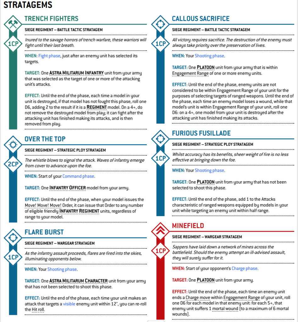siegeregimentastramilitarumstrategems Frontline Gaming Infographic titled Stratagems listing six unit abilities: Trench Fighters, Callous Sacrifice, Over the Top, Furious Fusillade, Flare Burst, and Minefield, each with descriptive text blocks for When, Target, and Effect.