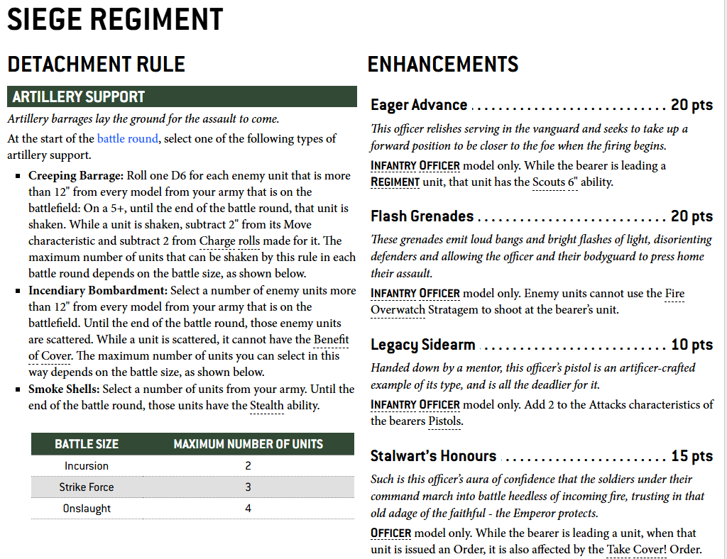 siegeregimentastramilitarum Frontline Gaming Two-column page from a game rulebook titled 'Siege Regiment': Detachment Rule section shows 'Artillery Support' with bullet abilities and a battle-size table; the right column lists Enhancements with various point costs like Eager Advance and Flash Grenades.
