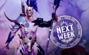 Fantasy warrior with a skeletal skull helmet and blue plume, wielding a long staff, with a large 'Next Week' stamp overlayed on the right side.