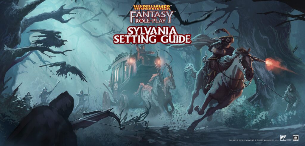 Cover art for Warhammer Fantasy Roleplay: Sylvania Setting Guide showing a mounted hunter firing a pistol at a coach through a misty dark forest.