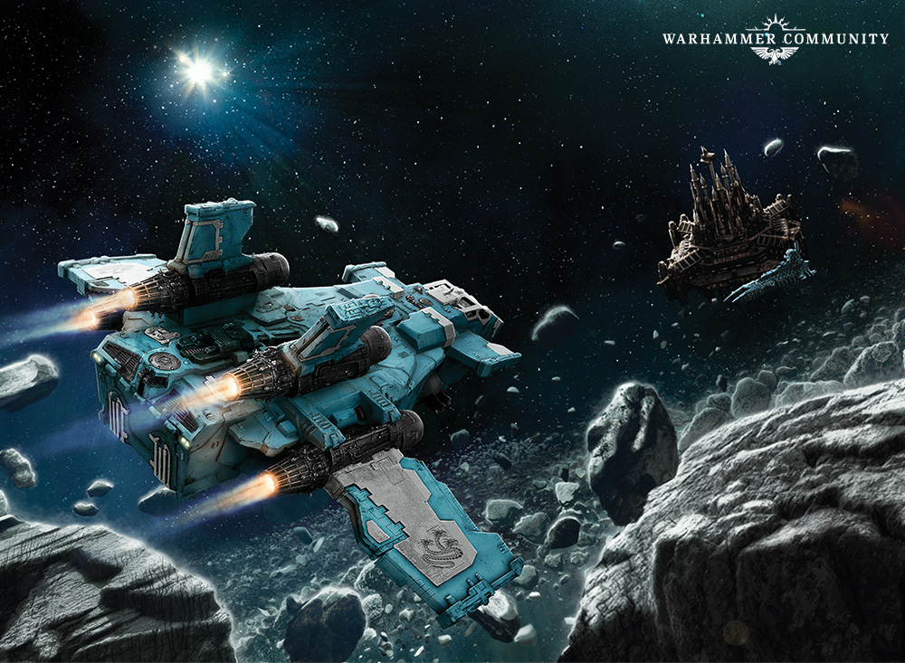 thhblackbookslore22jun18picdfsuaefjx4 Frontline Gaming Blue spacecraft fires plasma thrusters as it flies through an asteroid field toward a distant derelict ship; Warhammer Community logo in top-right.
