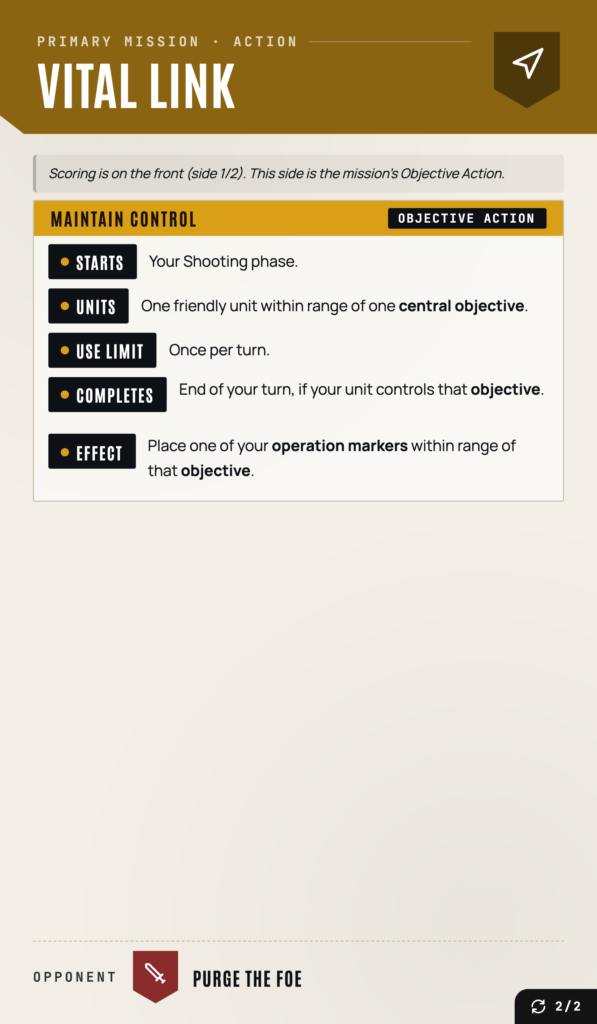 Infographic-like game guide panel titled 'Vital Link' showing objective action with steps: Starts, Units, Use Limit, Completes, and Effect; side note 'Scoring is on the front (side 1/2).'],