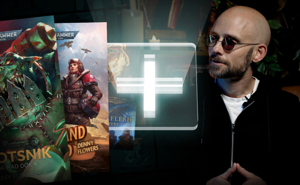 Bearded man with round glasses looking at colorful game posters on a glass display, with a glowing cross symbol in the center.