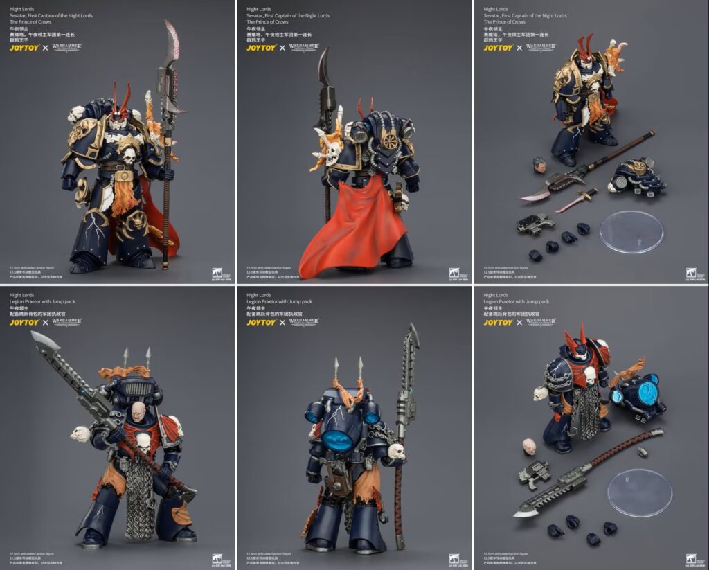 Six-panel Night Lords Warhammer 40K collage showing Praetor figures with armor, capes, and weapons with accessories laid out nearby.