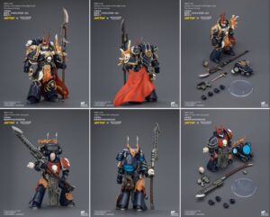 Six-panel Night Lords Warhammer 40K collage showing Praetor figures with armor, capes, and weapons with accessories laid out nearby.