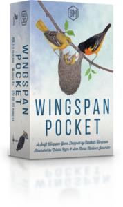 Box for the Wingspan Pocket game with a nest and three baby birds feeding from two adult birds on a branch colorful sky background