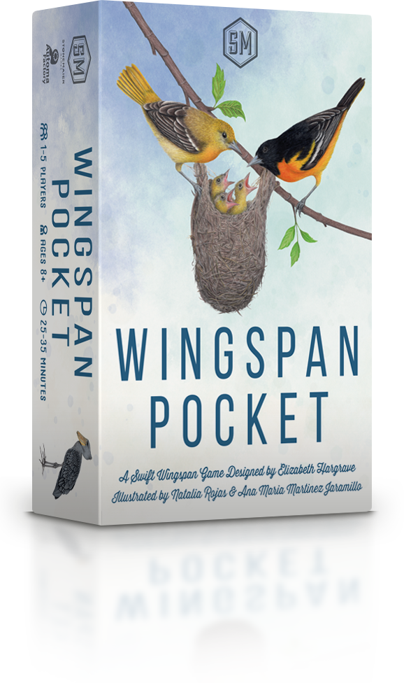 Box for the Wingspan Pocket game with a nest and three baby birds feeding from two adult birds on a branch colorful sky background