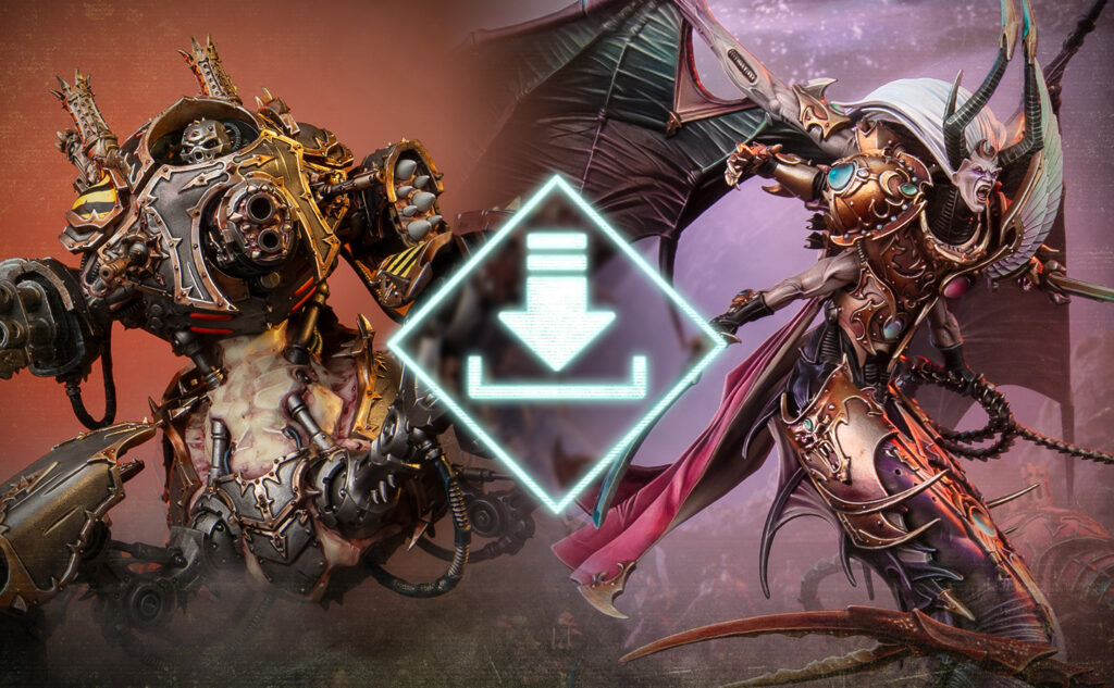Two heavily armored fantasy warriors clash in battle with a glowing neon download icon centered between them overlay