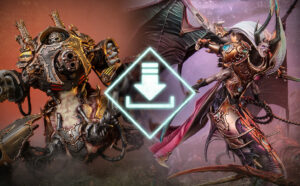 Two heavily armored fantasy warriors clash in battle with a glowing neon download icon centered between them overlay