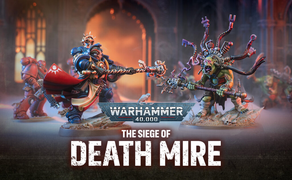 Two Warhammer 40000 miniatures clash with chained weapons in a ruined cathedral setting banner reads The Siege of Death Mire