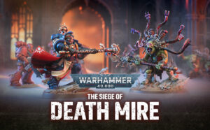 Two Warhammer 40000 miniatures clash with chained weapons in a ruined cathedral setting banner reads The Siege of Death Mire