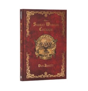 Red book cover titled The Sabbat Worlds Crusade with gold filigree border and an central eagle emblem, author Dan Abnett
