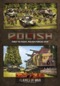 Book/box art for a WWII miniatures game: Polish forces 1939 with tanks and soldiers, title 'Polish First to Fight' and 'Flames of War' logo below