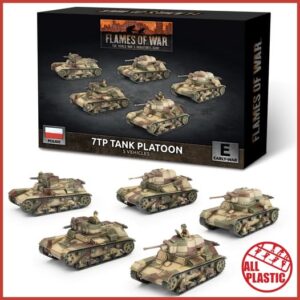Flames of War 7TP Tank Platoon box with five Polish 7TP tanks lined up in front all plastic stamp visible